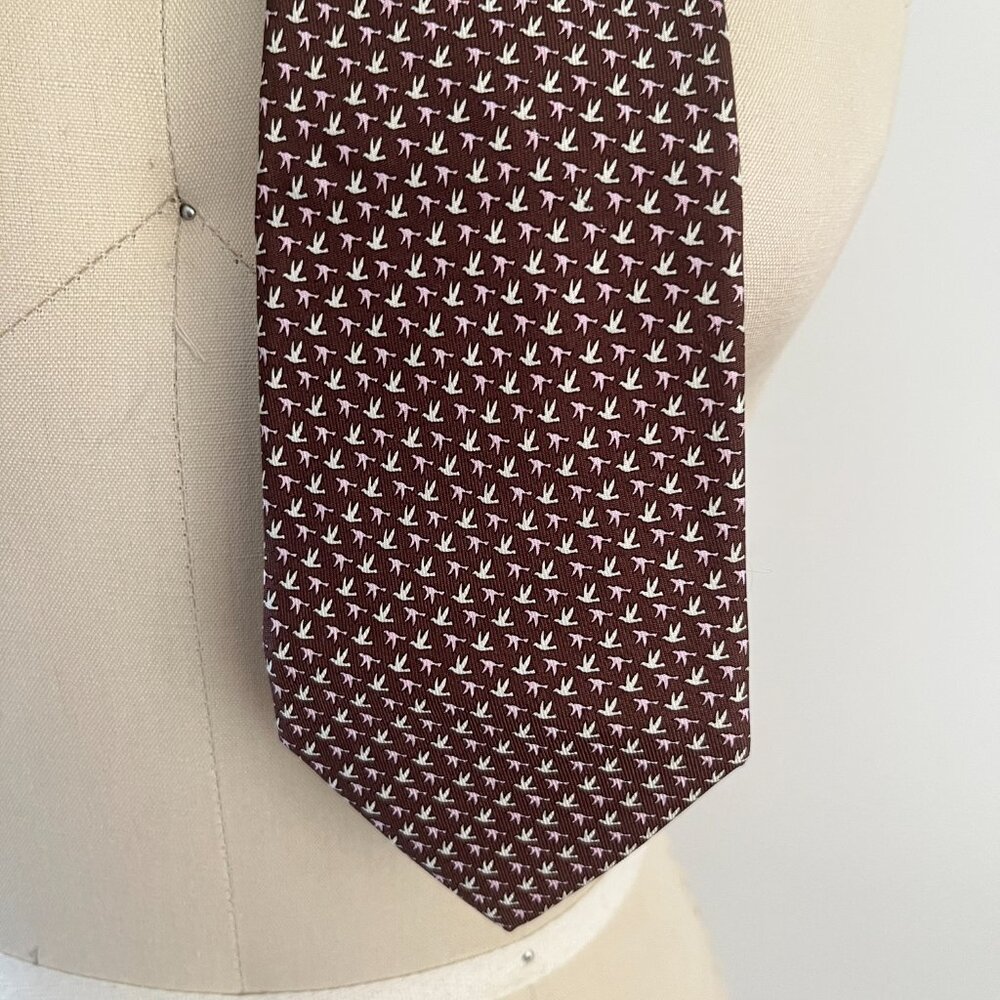Salvatore Ferragamo Brown Necktie Pink and White Bird Pattern 100% Silk Tie - Picture 2 of 5